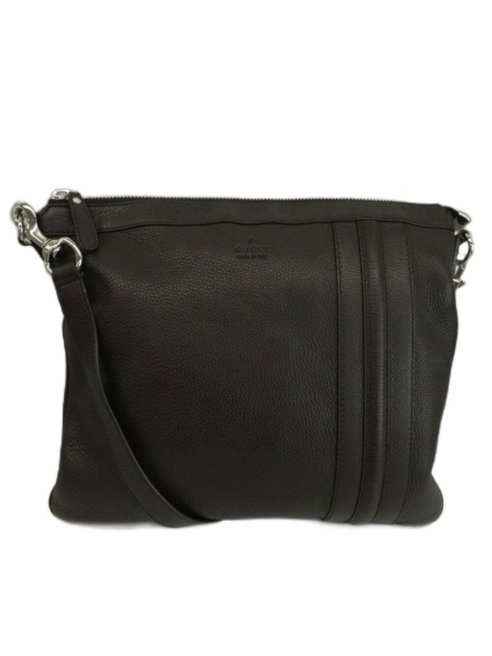Gucci All Leather Shoulder Bag Messenger Embossed Logo Dark Brown